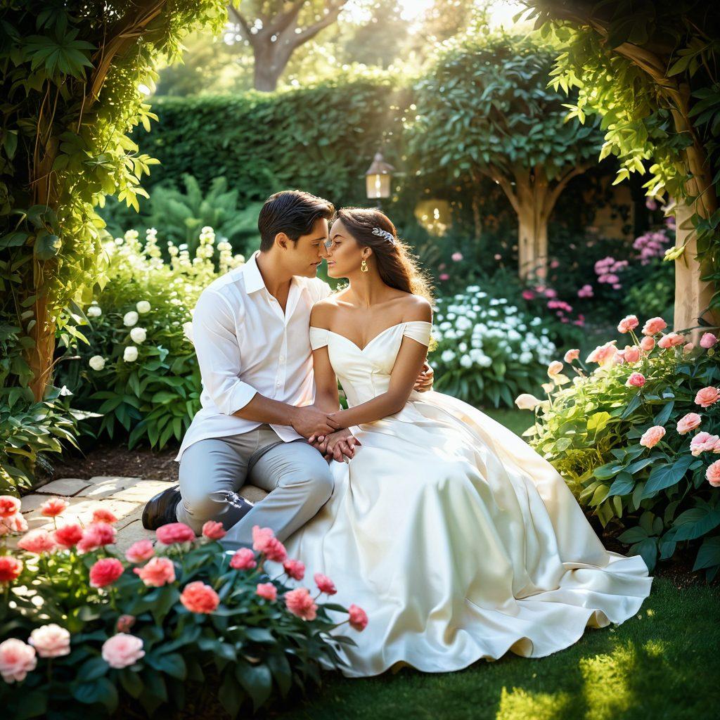 A serene couple sharing an intimate moment in a lush, dreamy garden, surrounded by blooming flowers that evoke nostalgia. The scene features soft, warm sunlight filtering through the leaves, casting a golden glow on their joyful expressions. In the background, subtle symbols of love like hearts and old letters are artistically integrated into the nature setting. The overall ambiance should be romantic and enchanting, capturing the essence of timeless love and bliss. super-realistic. vibrant colors. dreamy atmosphere.