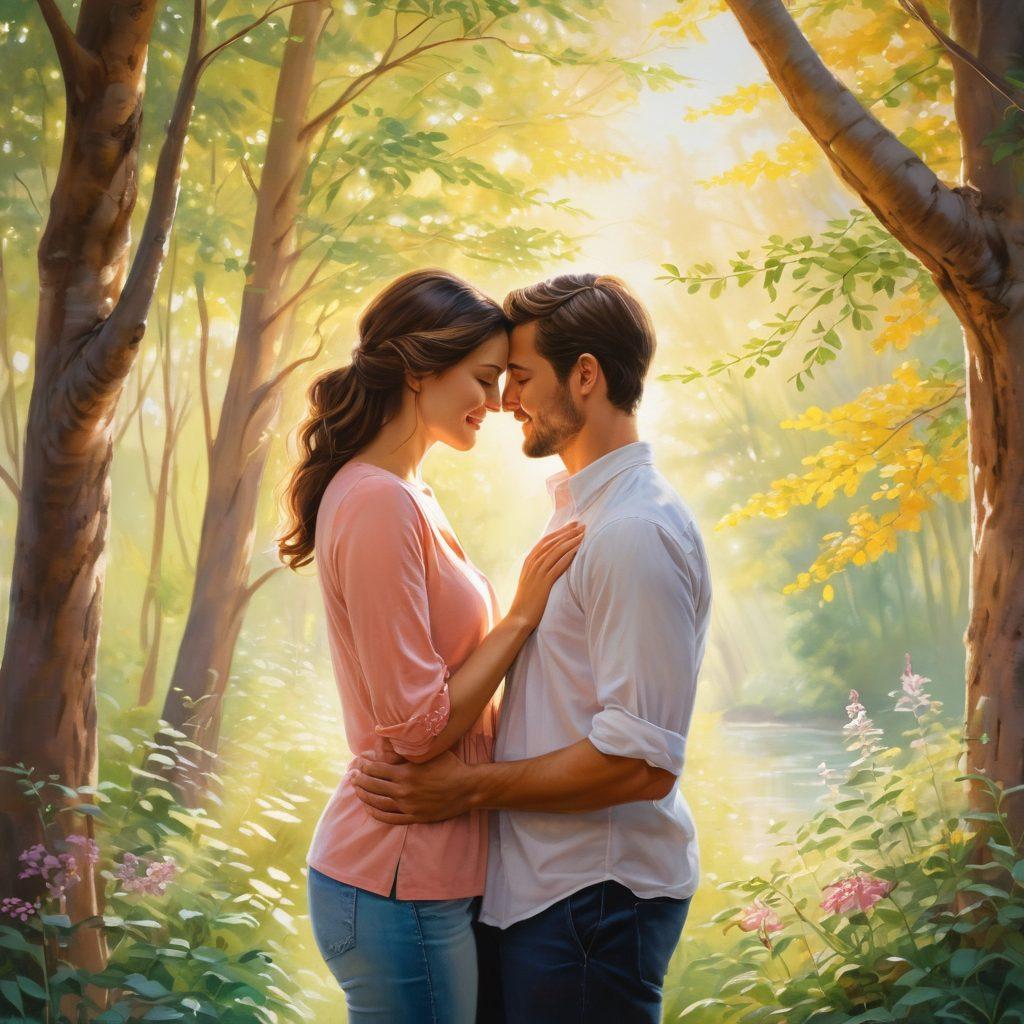 A warm, intimate scene of a couple sharing a heartfelt moment, surrounded by soft sunlight filtering through the trees, symbolizing emotional bonds. Include subtle elements like interlocking hands, a gentle embrace, and floral details in the background to evoke affection and love. Use a color palette of soft pastels to enhance the feeling of warmth and tranquility. painting. vibrant colors.